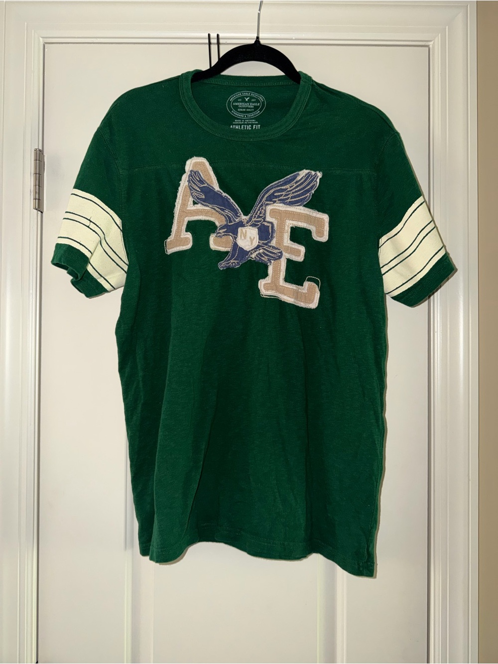 American Eagle Outfitters Green Short-Sleeve Tee with Cream Stripe Sleeves